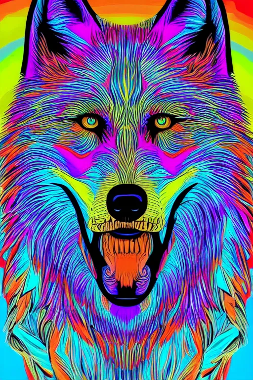 Prompt: Psychotic crisis portrait of a wolf head. psychedelic colors, very detailed, lineart