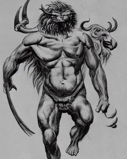 Image similar to a creature with the body and eyes of a man, with the beak of an eagle, the mane of a lion, and the horns of an ox. drawn by frank frazetta