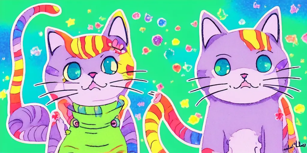 Image similar to a cat speaking, puffy sticker, glitter sticker by studio ghibli, by lisa frank 8 k pastel colours, isometric, smeared watercolours,