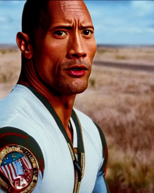 Prompt: film still close up shot of dwayne johnson as forrest gump. photographic, photography