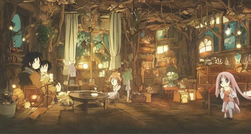 Prompt: Anime visual of a cozy steampunk inn in a magical forest; cheerful and peaceful mood; simple scene; illustrated by Hayao Miyazaki; anime production by Studio Ghibli; winter