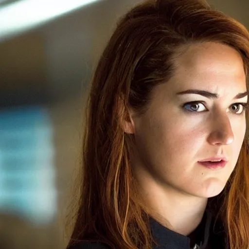 Image similar to A still of Shailene Woodley as Black Widow in Iron Man 2 (2010), close-up