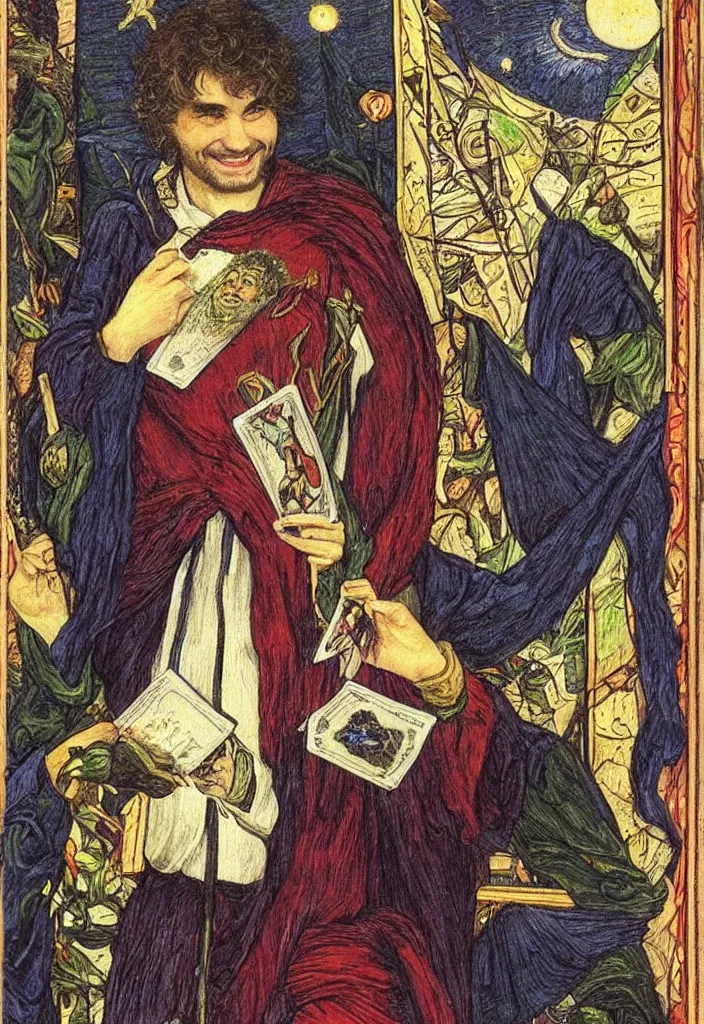 Image similar to Yoshua Bengio smiling on the Tarot card. Illustration by preraphaelists.