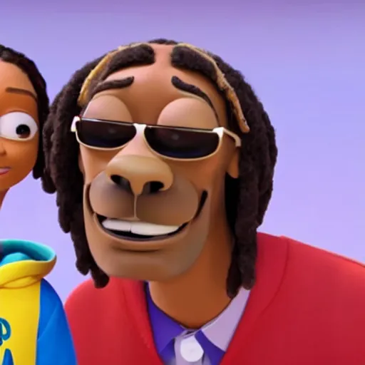 Image similar to a cinematic film still from a 2022 Pixar movie about Snoop Dogg, in the style of Pixar, shallow depth of focus