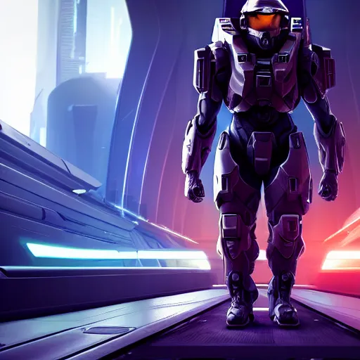 Prompt: cyberpunk halo character walking on a space bridge, helmet shot, reflection, epic, dramatic, cinematic, award winning, ultra detailed, realistic