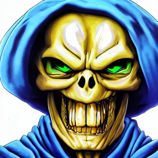 Image similar to ultra realistic portrait painting of skeletor, art by akira toriyama, 4 k, dragon ball artstyle, cel shaded, highly detailed, epic lighting