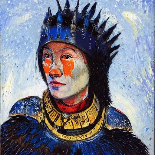 Prompt: head and shoulders portrait of a female knight, inuk, tonalist, symbolist, detailed, modeled lighting, spatter, palette knife, prussian blue and raw sienna, angular, squinting, crows, baroque