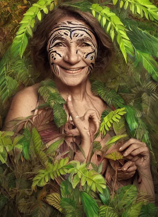 Image similar to a beautiful portrait of a smiling old woman in the jungle surrounded by leaves, tribal face paintings, matte painting, fantasy art