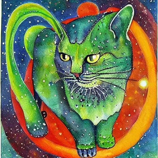 Image similar to a green cat surrounded by galaxies, watercolor by Louis William Wain,