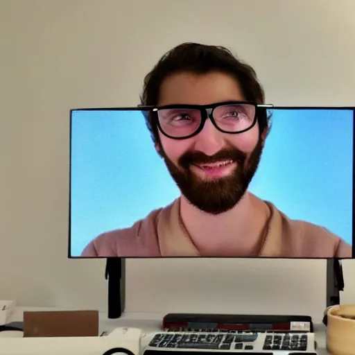 Prompt: fotorealista persona usando una computadora feliz, la persona tiene puesto anteojos