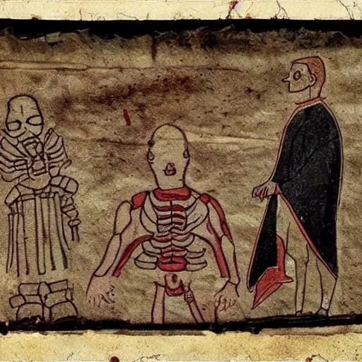 Prompt: a scan of an ancient piece of art on parchment depicting a scene from the x - files ( 1 9 9 3 )