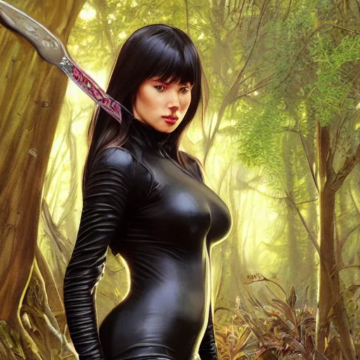 Prompt: painting of a female wearing a skintight leather jacket holding a sword in a forest, large thighs, perfect face, comic book art, beautiful! coherent!, intricate, elegant, highly detailed, digital painting, artstation, smooth, sharp focus, illustration, art by artgerm and greg rutkowski and alphonse mucha, 8 k