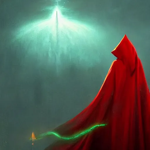 Prompt: ''cinematic shot'' red hooded mage ( spectre ) with bells ringing simetrical 8 k atmosferic realistic, wearing a green cape, holding a bell, made by ivan aivazovsky, peter mohrbacher, greg rutkowski volumetric light effect broad light oil painting painting fantasy art style sci - fi art style realism premium prints available artwork unreal engine