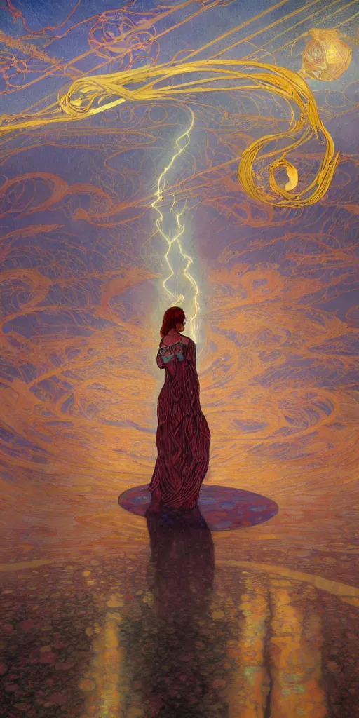 Image similar to breathtaking digital painting of a storm pierced with swords of light, in golden clouds in a desert castle, strokes of mist and scarlet ribbons, art nouveau style, by casimir art, gustav klimt and alfons mucha, anato finnstark and kelogsloops, elegant, highly detailed, artstation, concept art, matte, sharp focus