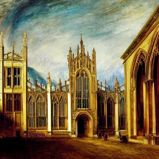 Prompt: a vibrant painting of king's college chapel in cambridge by william turner, detailed, art, 1 8 2 4, british museum, colorful, beautiful