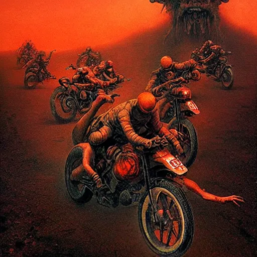 Image similar to motorbikers race in hell, pursued by demons, beksinski and tristan eaton, dark neon trimmed beautiful dystopian digital art