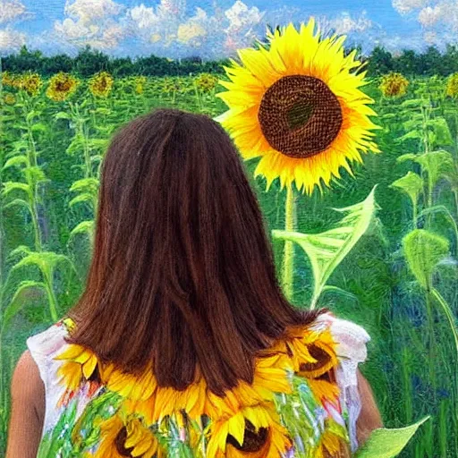 Prompt: a girl in amazing tall sunflower field, her hair flowing down, subtle, intricate details, real masterpiece, oil on canvas, by somsak anong