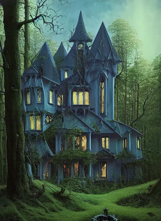 Image similar to hyper realistic witchy modern gothic house with mood lighting and tech in the woods gorgeous lighting, sunbeams blue sky, highly detailed, lush forest foliage painting by zdzisław beksinski and norman rockwell and greg rutkowski weta studio, and lucasfilm