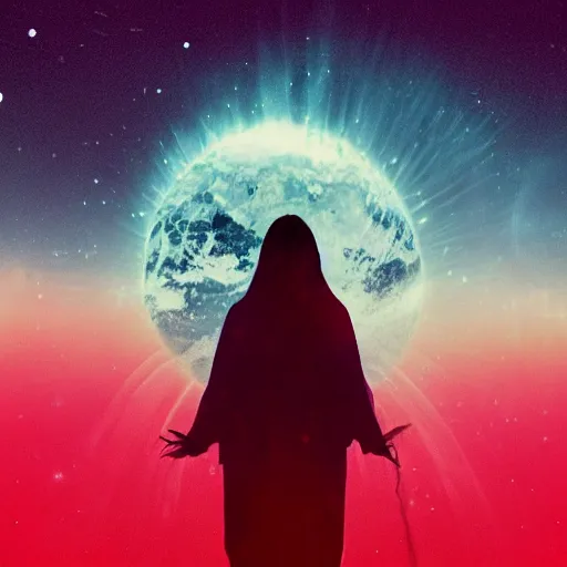 Prompt: A sad spiritual witch standing on a deserted planet looking at camera, distant background, red lighting, ominous, moonlight, bokeh, detailed face synthwave, psychedelic, glitch, acrylic, flooko, detailed,