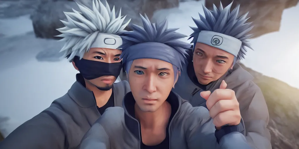 Image similar to my selfie with kakashi hatake, unreal 5, hyperrealistic, realistic, photorealistic, dynamic lighting, highly detailed, cinematic landscape, studio landscape, studio lighting