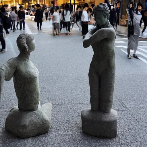 Prompt: everyone on the streets of japan suddenly turned into stone statues, the situation was eerie and silent