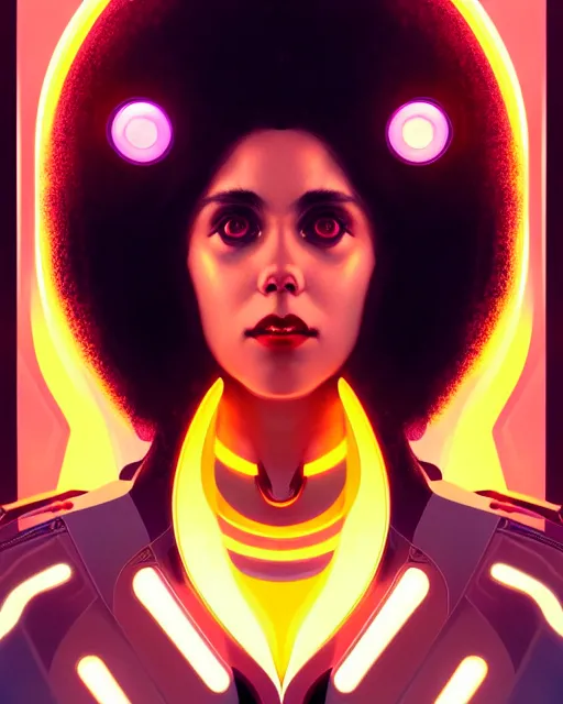 Image similar to symmetry portrait of poly styrene, sci - fi, tech wear, glowing lights intricate, elegant, highly detailed, digital painting, artstation, concept art, smooth, sharp focus, illustration, art by artgerm and greg rutkowski and alphonse mucha