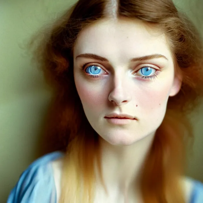 Prompt: Kodak Portra 400, 8K, soft light, volumetric lighting, highly detailed, britt marling style 3/4, view from above of close-up portrait photo of a beautiful woman, pre-Raphaelites painter, Huge blue eyes, with velvety brown lashes. girlish woman who looks extremely fragile and sickly, like a neurasthenic Victorian maiden. Hair is light brown in long curls; skin is pale. Pretty in a frivolous, invalid way. Gives the impression of being slight. , Realistic, Refined, Highly Detailed, natural outdoor soft pastel lighting colors scheme, outdoor fine art photography, Hyper realistic, photo realistic,warm lighting,