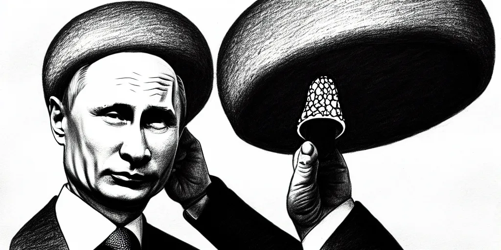 Image similar to vladimir putin with a nuclear mushroom cloud for a hat, cartoonish, ultra detailed pencil drawing, medium perspective