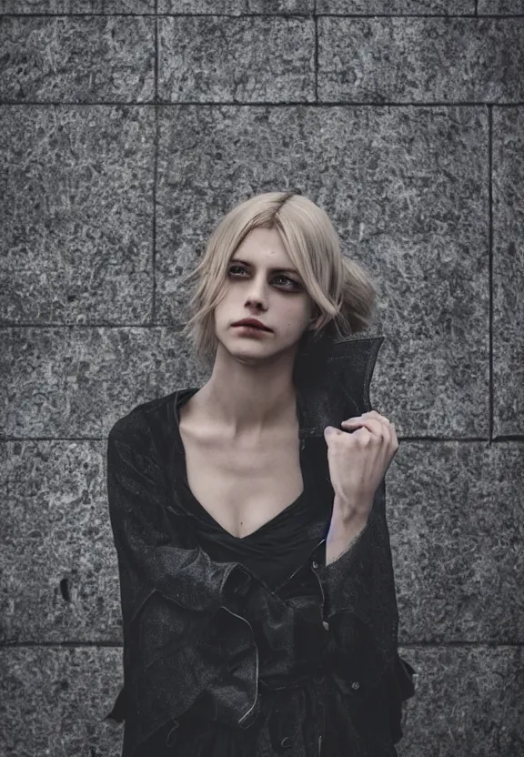 Image similar to cute model annie leonhart posing in dunwall city, beautiful face, detailed face, realistic eyes, cinematic lighting, rainy weather, melancholy atmosphere, volumetric light, gothic architecture, realistic reflections, model agency, instagram photo, depression atmosphere, shot on sony a 7 iii, beauty filter, postprocessing