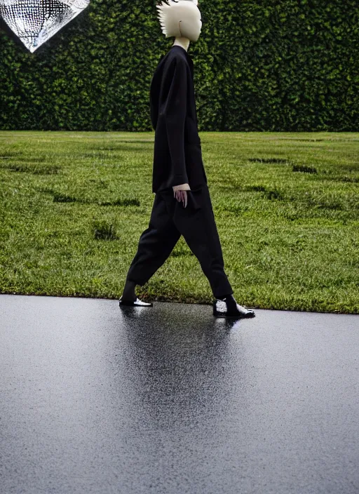 Image similar to hyperrealistic and heavy detailed balenciaga avant garde runway show of jason voorhees, leica sl 2 5 0 mm, vivid color, high quality, high textured, real life, full body in shot, far distance, thunder storm