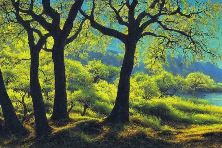 Image similar to masterpiece painting of oak trees on a hillside overlooking a creek, dramatic lighting, by hiro osono