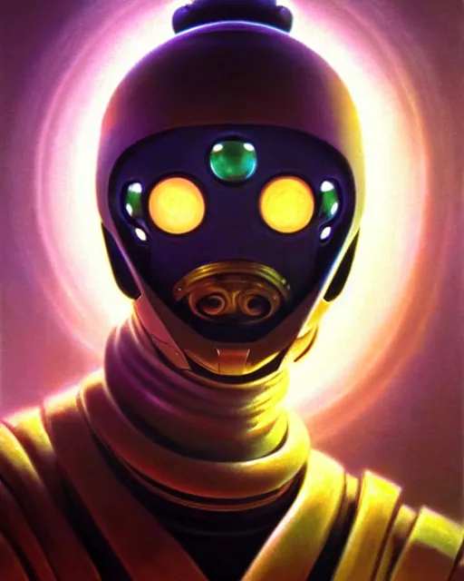 Image similar to zenyatta from overwatch, character portrait, portrait, close up, vintage fantasy art, vintage sci - fi art, radiant light, caustics, by boris vallejo