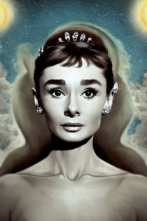 Prompt: Audrey Hepburn as a Celestial Goddess of the Multiverse, close-up, seductive, rule of thirds, captivating look, award winning photo, unreal engine, studio lighting, highly detailed features, interstellar tsunami by James Jean