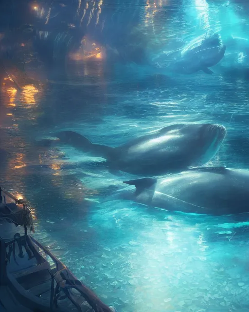 Prompt: underwater atlantis, glowing lights, whales, light, shadows, rippling reflections, epic composition, intricate, elegant, volumetric lighting, digital painting, highly detailed, artstation, sharp focus, illustration, concept art, ruan jia, steve mccurry