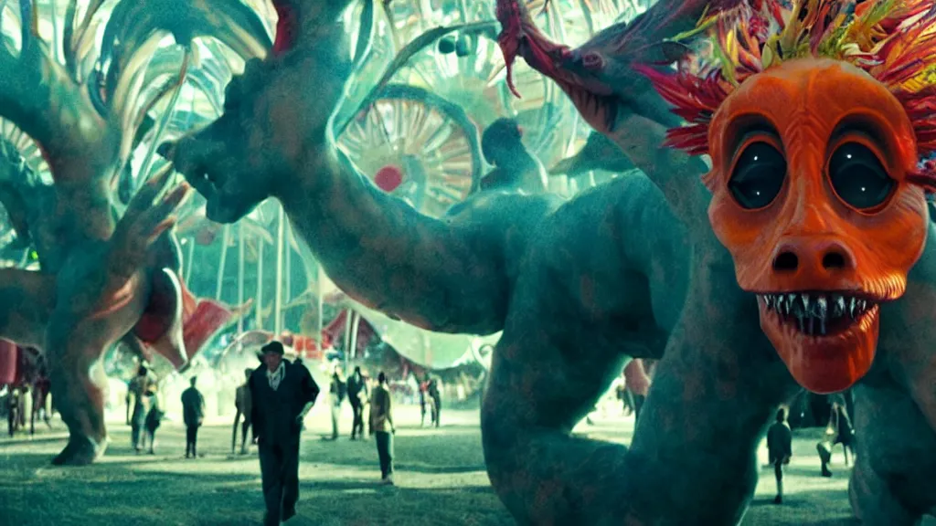 Prompt: the forbidden creature at the carnival, , film still from the movie directed by Denis Villeneuve with art direction by Jack Kirby, wide lens