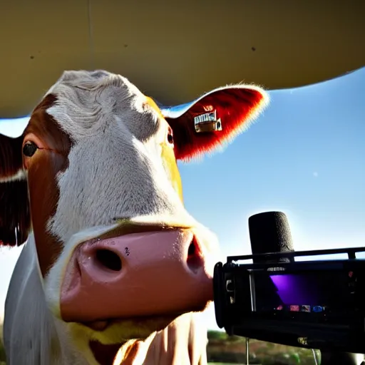 Prompt: A cow with a microphone in a hand makes a television report, DSLR camera, highly detailed