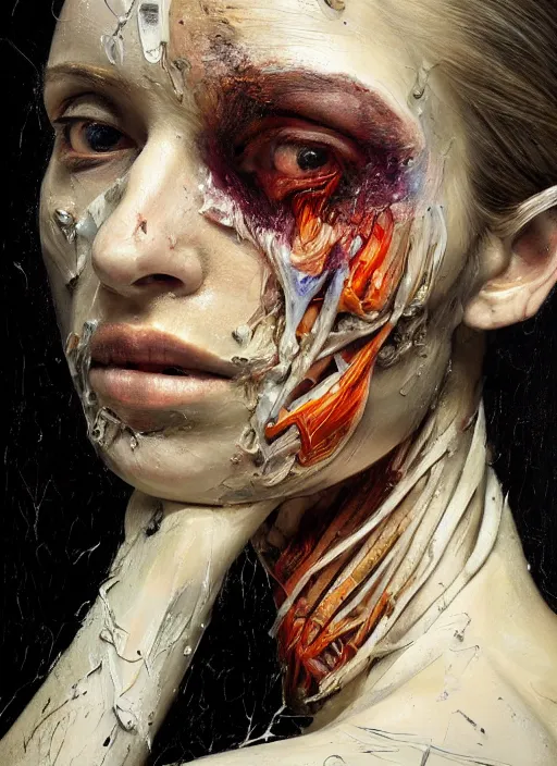 Prompt: highly detailed and textured painting of a deformed anatomical portrait of a female with dead eyes, emotionally expressive, highly detailed oil painting, impasto brush strokes, soft light, 8 k, cyberpunk colour palette, dramatic composition, dramatic lighting, sharp focus, masterpiece by adrian ghenie and jenny saville and zhang jingna