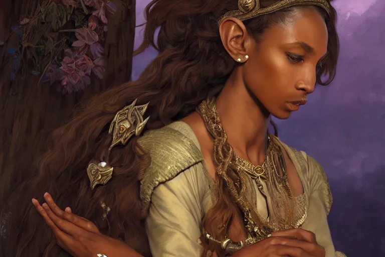 Image similar to portrait of Princess Zelda, brown skin, fantasy, intricate, elegant, dramatic lighting, emotionally evoking symbolic metaphor, highly detailed, lifelike, photorealistic, digital painting, artstation, concept art, smooth, sharp focus, illustration, art by John Collier and Albert Aublet and Krenz Cushart and Artem Demura and Alphonse Mucha