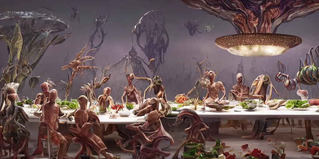 Image similar to !view from the kitchen, chefs cooking, in the background we see 13 diverse aliens enjoying a rich salad around a marble table, !positioned as last supper cinematic lighting, crystals and diamonds, fantasy, surreal, floating, highly detalied, 4k, artstation, by Wayne Barlowe