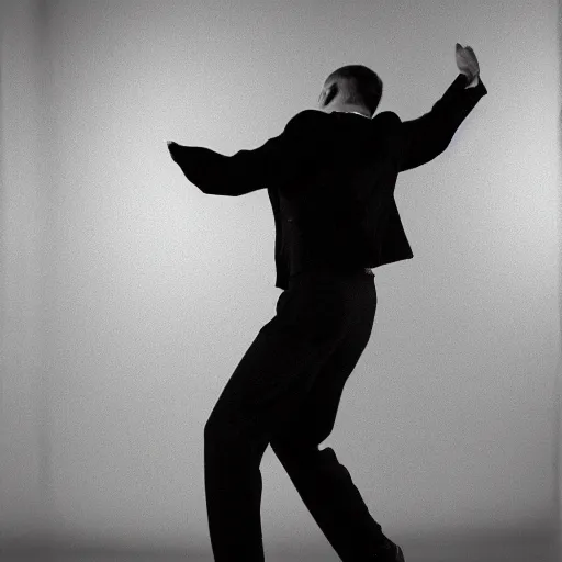 Image similar to a man in zirconium pants dancing to time, black and white