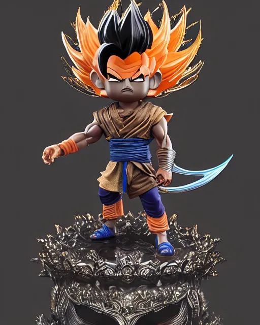 Image similar to Highly detailed Funko pop of Son Goku in black gold intricate and ornate armor, unreal engine, fantasy art by Greg Rutkowski, Loish, Rhads, Makoto Shinkai and Lois van baarle, ilya kuvshinov, rossdraws global illumination, radiant light, detailed and intricate environment