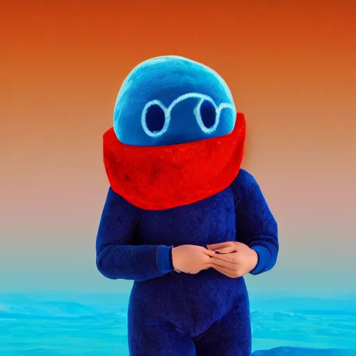 Image similar to blue'snappy gifts'human - sized plush doll, on the background of mars landscape, holding gift, hazy atmosphere, high detail, soft lighting, 8 k