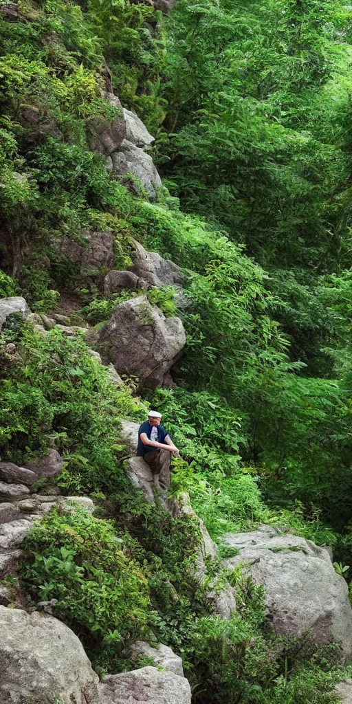 Image similar to canyon in oregon, old man on stone stairway in between highrise flats, overgrown lush plants, atmospheric, cinematic, beautiful low light by studio ghibli octane render 8k