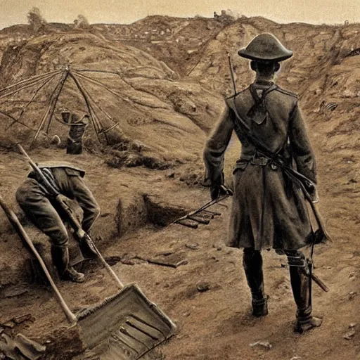 Prompt: ultra detailed photorealistic sepia - toned photograph from 1 9 1 7, a british officer in field gear standing at an archaeological dig site at petra, ultra realistic, painted, intricate details, lovecraft, atmospheric, dark, horror, brooding, highly detailed, by angus mcbride