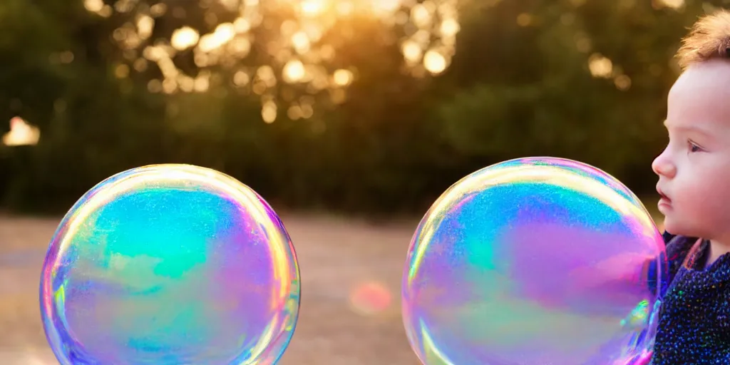 Image similar to an adorable human infant stuck inside of a giant iridescent floating soap bubble, bokeh, golden hour, back yard, golden hour