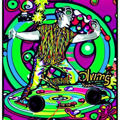 Image similar to svg sticker of a Dancing-Alex-Grey-Psychedelic-Rave-Man, at a rave, spinning records, giant headphones rocking out, wearing headphones, huge speakers, dancing, rave, DJ, spinning records, digital art, amazing composition, rule-of-thirds, award-winning, trending on artstation, featured on deviantart