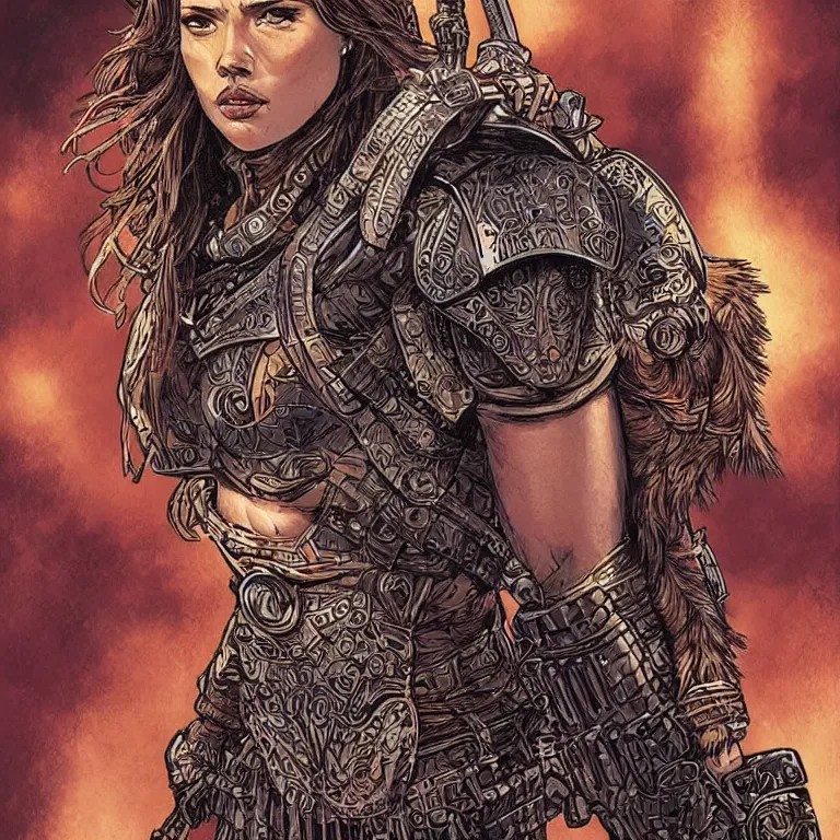 Image similar to scarlett johannson as an amazon warrior, a tall beautiful woman with brown skin and long hair, dressed in hellenistic body armour, intricate, elegant, highly detailed, smooth, sharp focus, detailed face, high contrast, graphic novel, art by laurie greasley