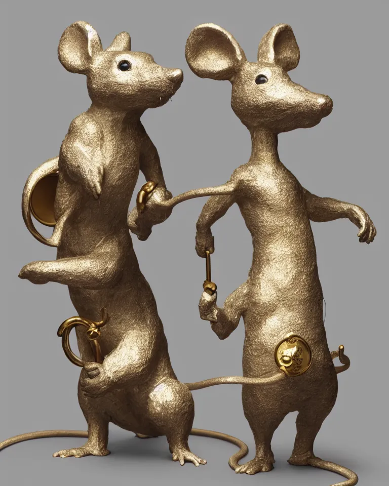 Image similar to a hyperrealistic, highly detailed statue of a mouse standing on two legs and holding a round bell made of white marble and gold, dramatic lighting, trending on artstation, sigma 5 0, hyper realisitic