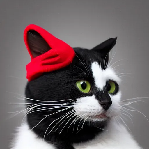 Image similar to a cute black and white cat wearing a red ski mask with black ski goggles, photorealistic