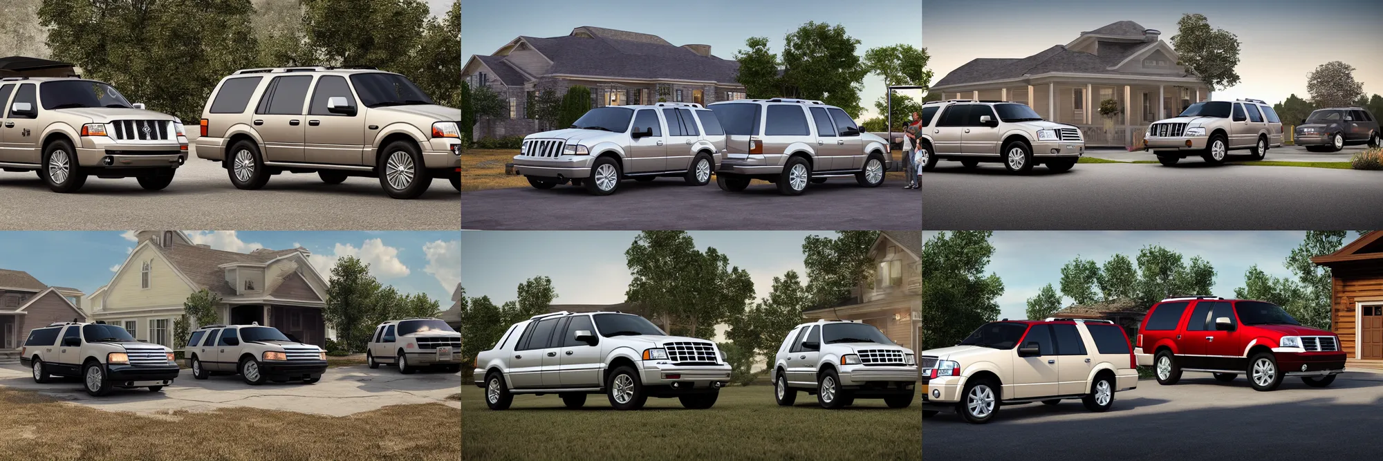 Prompt: an suv inspired by a 2 0 0 7 ford expedition and 2 0 0 7 lincoln navigator parked in front of a house, a digital rendering by the family circus, trending on cg society, regionalism, ue 5, rendered in unreal engine, ultrafine detail